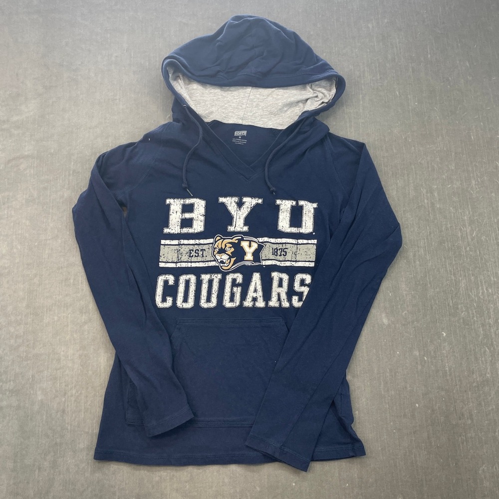 BYU Cougars Soffe Women M Navy Long Sleeve Hooded T-Shirt Distressed‎ Graphic